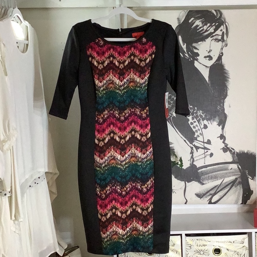 Signature full length dress. Multicolor on a black background.